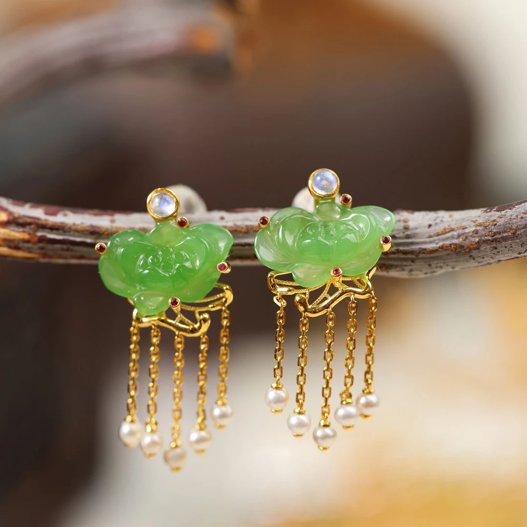 【碧落】原创国风新中式定制珠宝18k金镶嵌和田碧玉耳饰