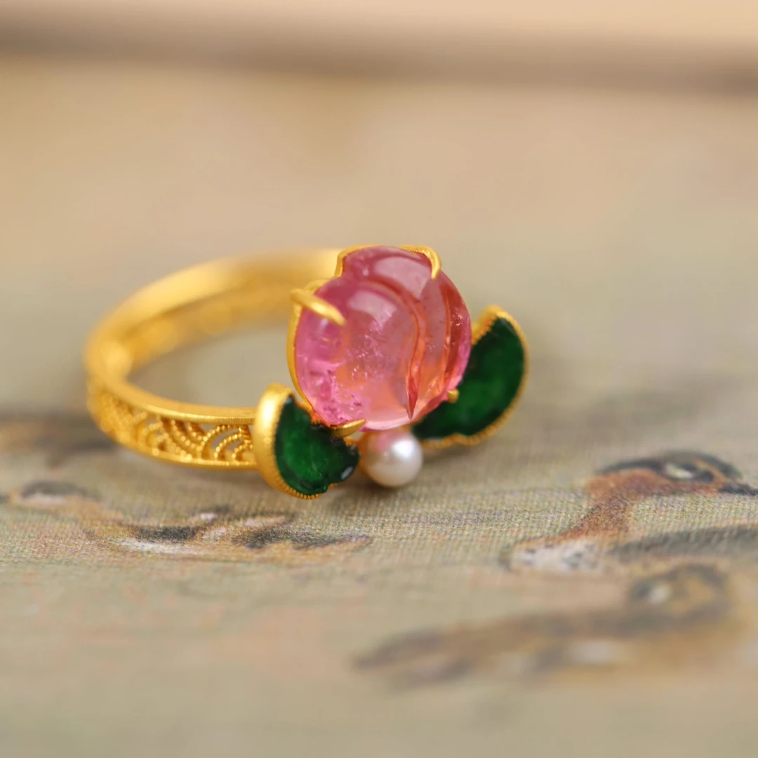 【碧桃】原创国风新中式定制珠宝18k金镶碧玺小桃子戒指