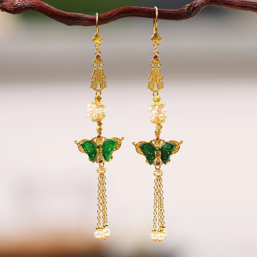 【琦蝶】原创手工国风定制925银镶嵌翡翠蝴蝶耳饰