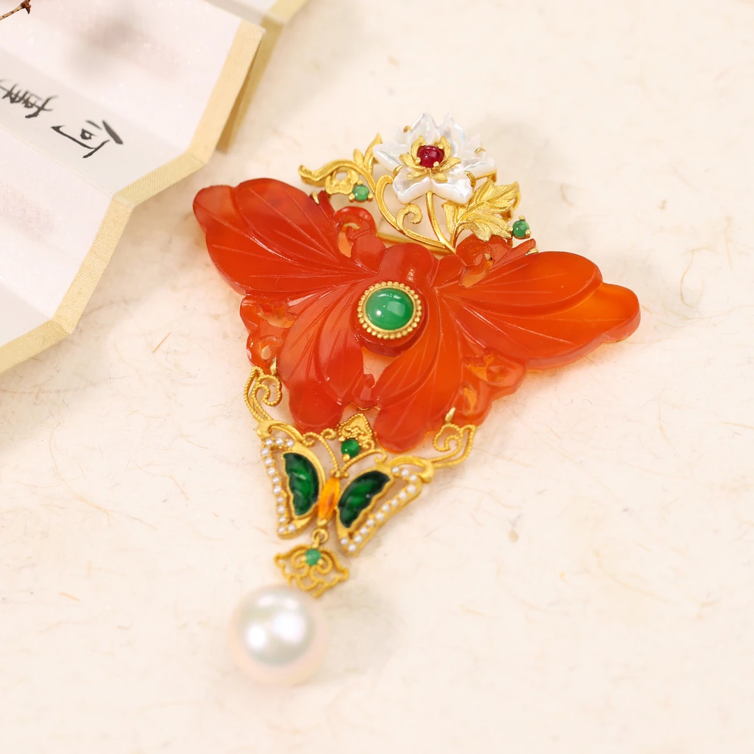 【云蝶】原创国风新中式 18k金镶蝴蝶玛瑙胸针吊坠