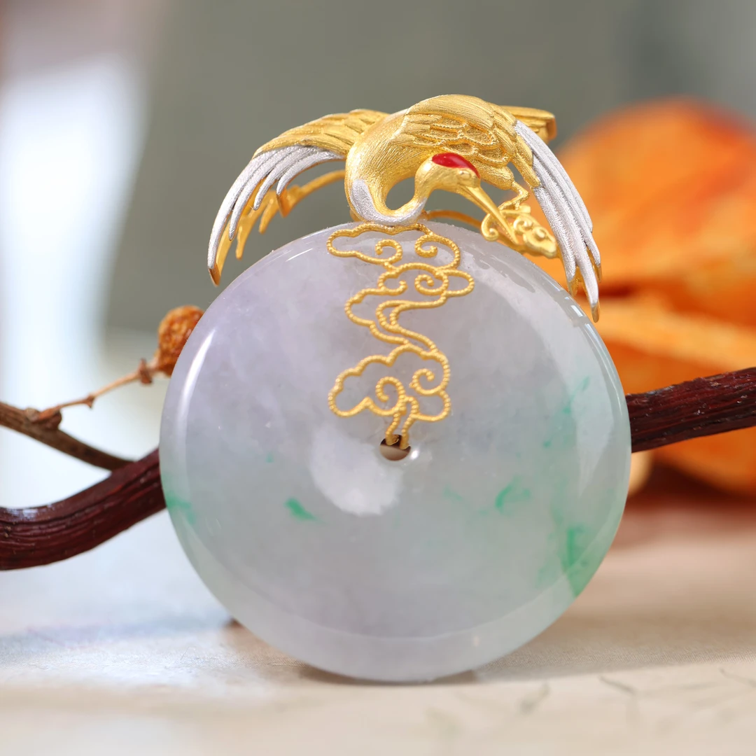 【春深鹤归】原创国风新中式定制珠宝 18K金翡翠仙鹤平安扣吊坠