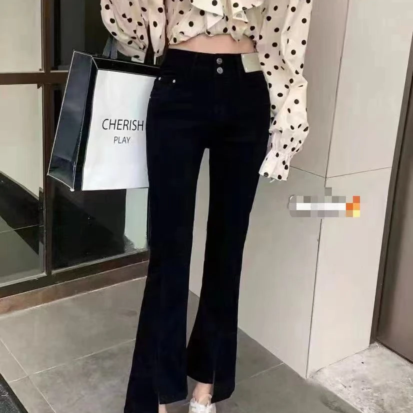 美彩家秋款韩系牛仔裤气质网红时尚百搭名媛重工显瘦高腰黑色休闲