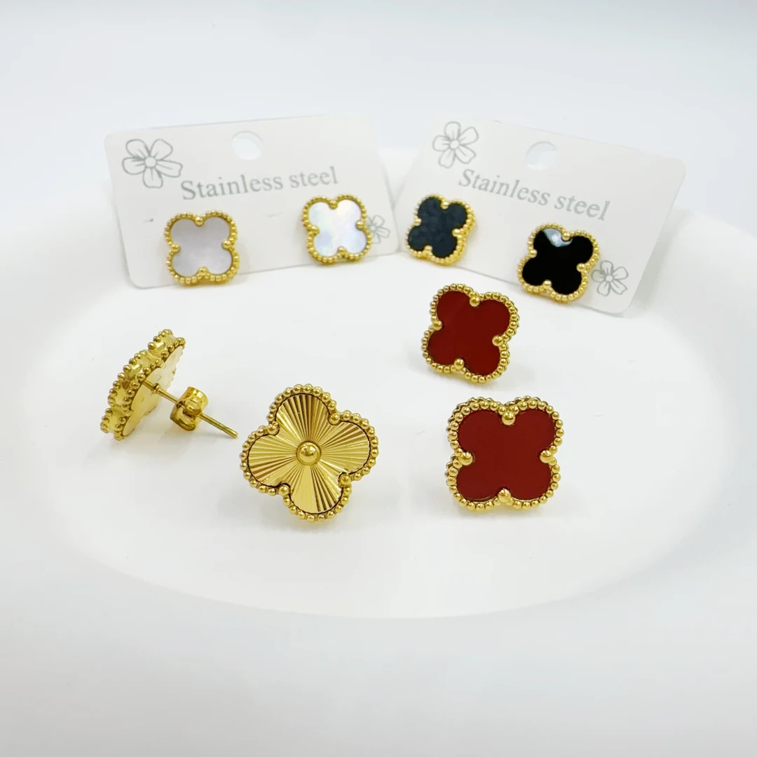 钛钢耳饰 钛钢耳饰 精工版车花高定镭射幸运草耳钉0374