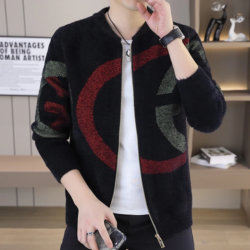 水貂绒加厚夹克男士冬季保暖潮流线衣秋装针织开衫毛衣外套棒球服