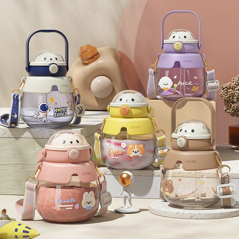 新款网红大肚杯带提绳肩带高颜值大容量塑料杯耐摔杯便携带吸管