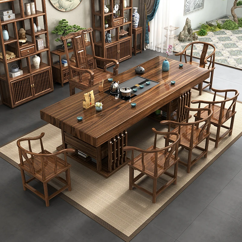 实木原木茶桌椅组合一桌五椅新中式家用茶几办公室泡茶台一体