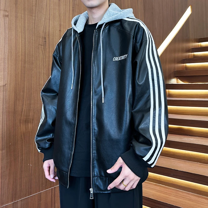 MTVO 迈特优秋季港风宽松休闲连帽皮夹克外套青少年百搭夹克 7809