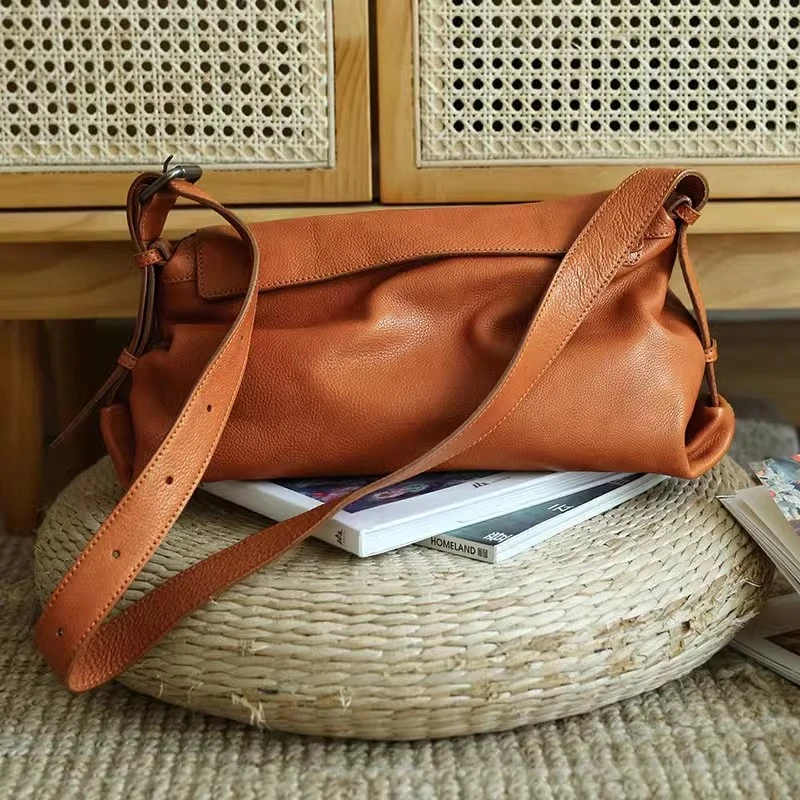 手工头层植鞣牛皮休闲女包真皮百搭简约大容量单肩斜挎包