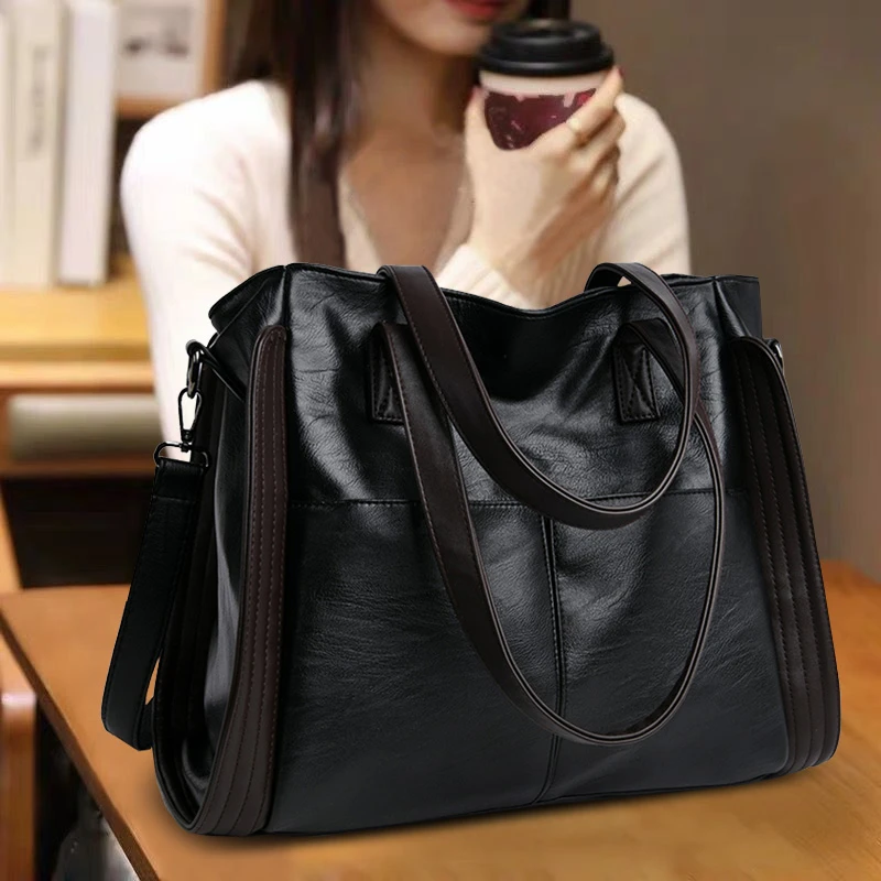 女士休闲软面多层方形黑色耐磨大气大容量单肩皮包时尚百搭肩包