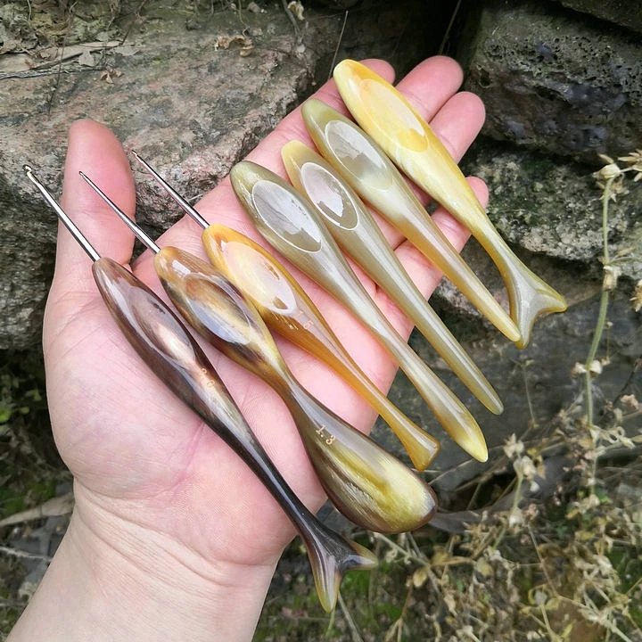 手工原创天然真牛角钩针柄毛衣毛线勾针微钩手钩编织工具定制精品