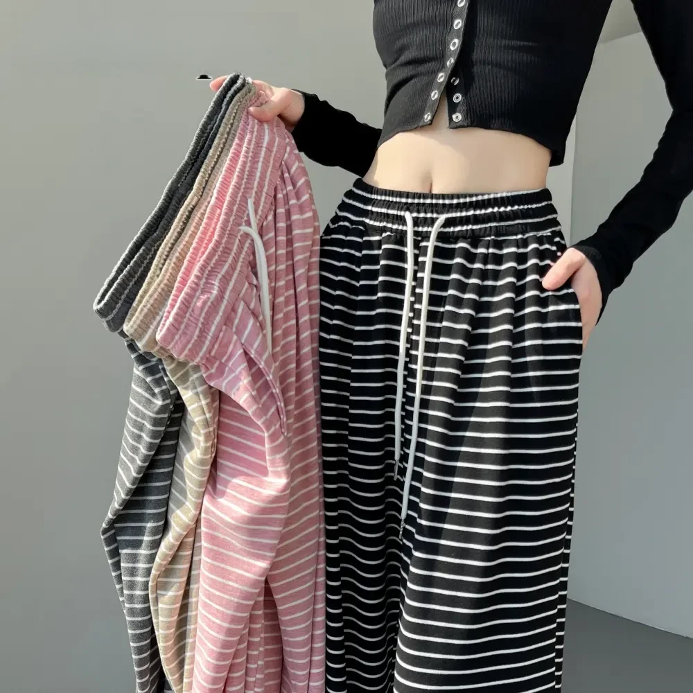Y3016慵懒风条纹阔腿裤女秋冬季宽松显瘦休闲直筒糯米拖地裤子
