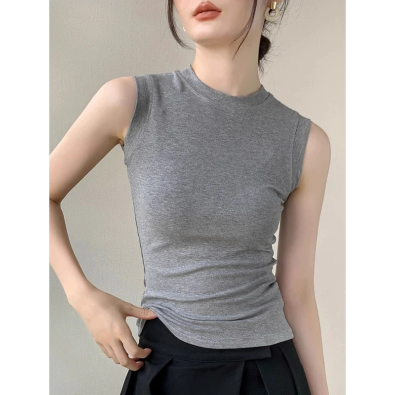 灰色背心打底衫女2026早秋圆领修身无袖T恤遮副乳西装内搭上衣薄