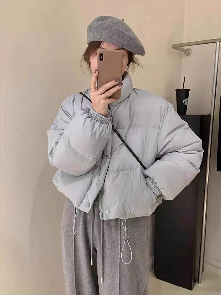 羽绒服女短款东大门韩版2023冬新宽松立领小个子白鸭绒加厚面包服