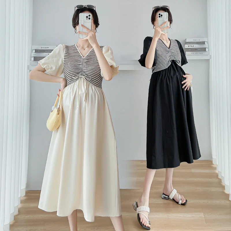 【LUCK WE】孕妇夏装时尚韩版泡泡袖显瘦连衣裙条纹拼接休闲裙