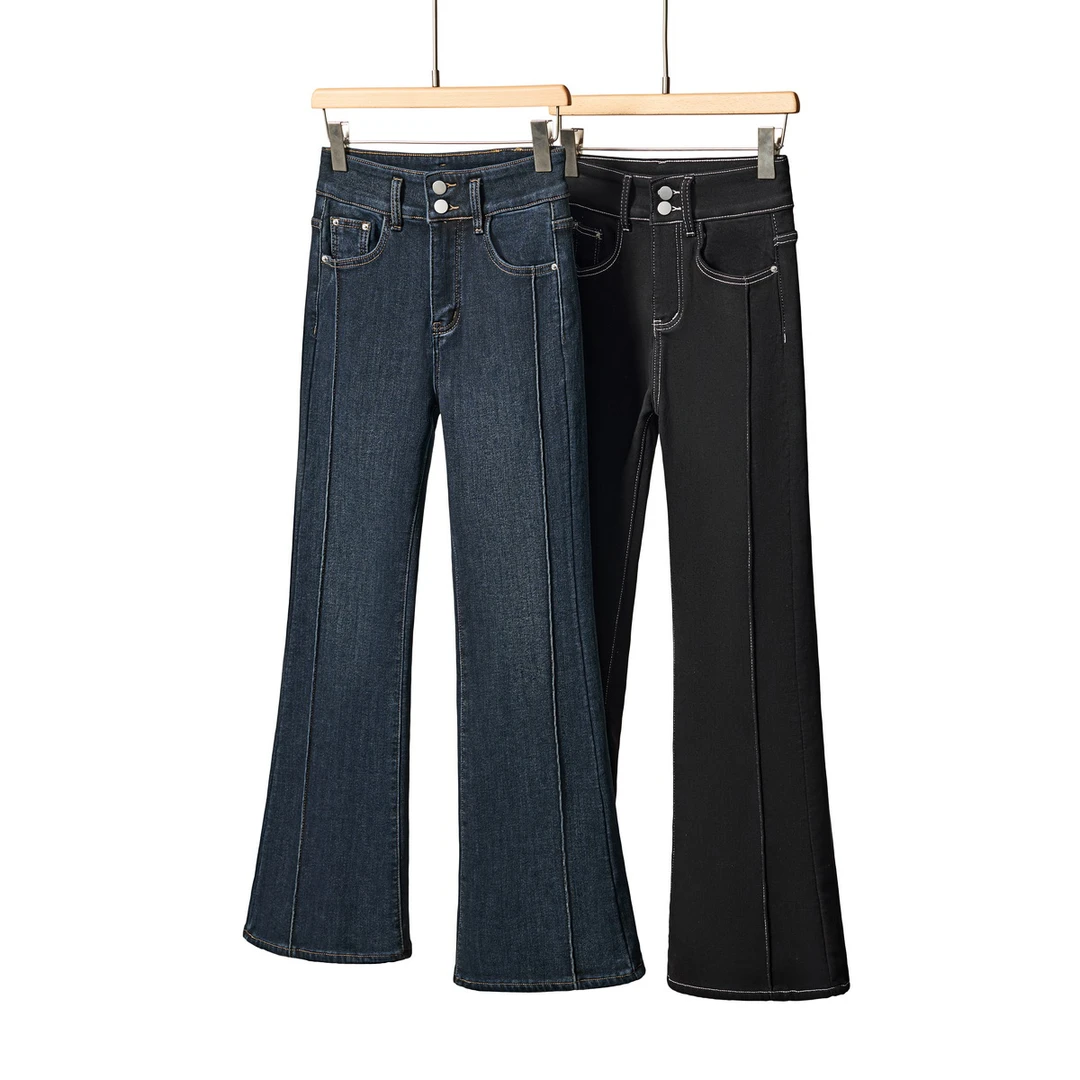 牛仔裤秋冬季加绒加厚喇叭裤弹力高腰显瘦女微喇设计款时尚12835