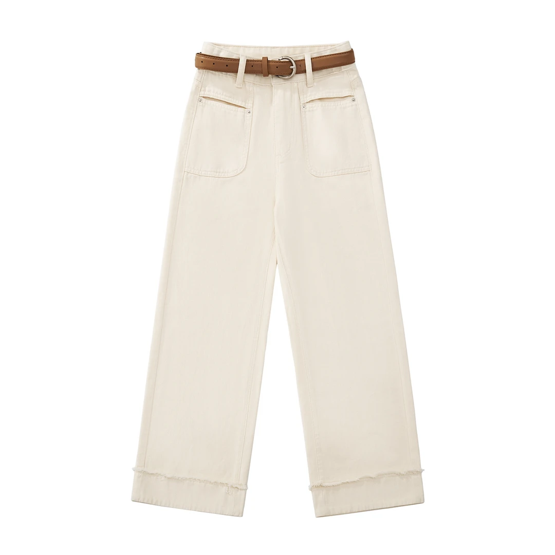 【云云精选】牛仔裤直筒春季宽松阔腿女设计款毛边白色高腰显瘦1279
