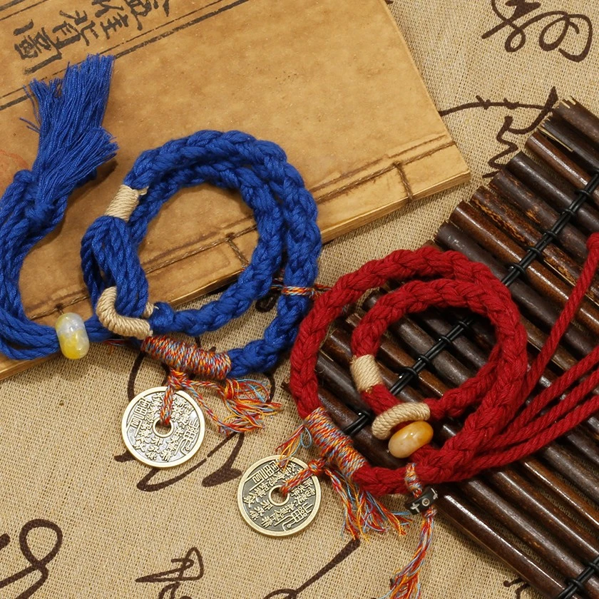 合金布艺手链 新中式山鬼花钱手链转运编织手绳情侣手绳国风手饰