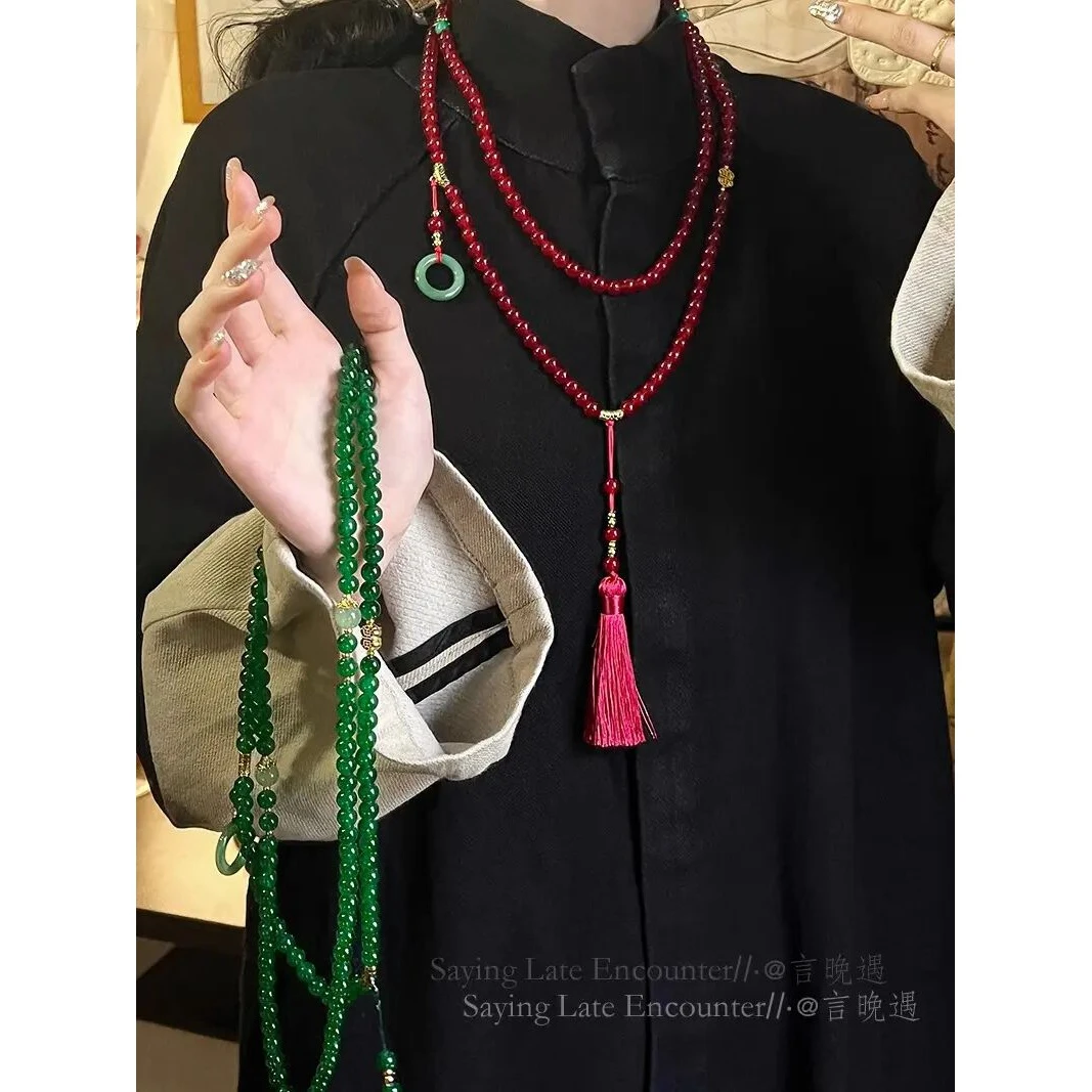 铜亚克力项链 国风108颗绿色串珠流苏项链新中式长款斜挎链毛衣链