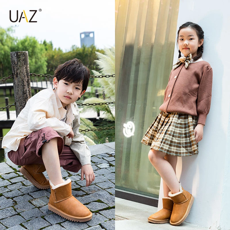 UAZ童鞋真皮防水儿童雪地靴时尚百搭加绒加厚保暖女童男童棉鞋