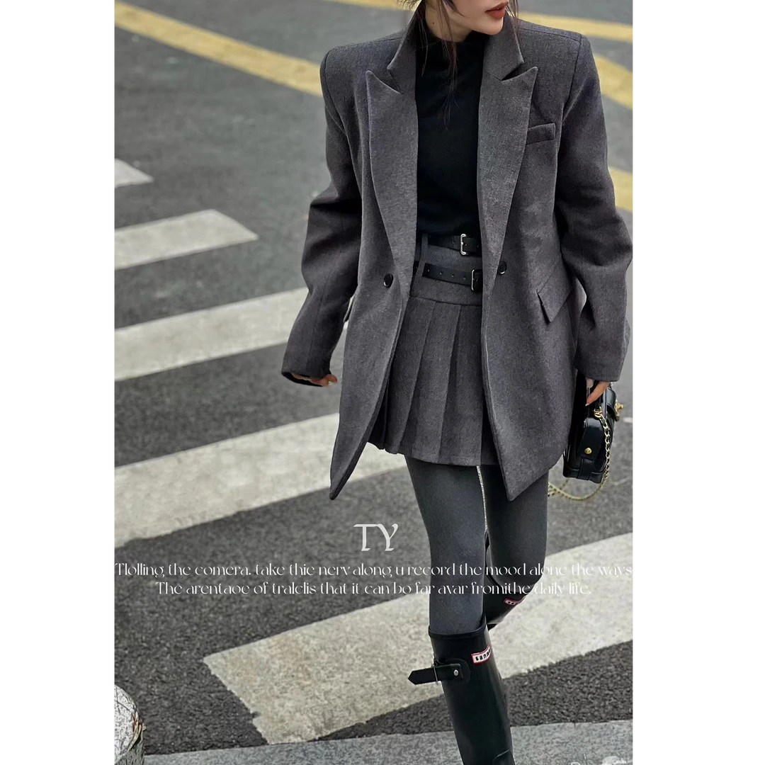 【no退no换 谨慎下单】毛呢翻领西装外套+A字百褶裙套装 L0402