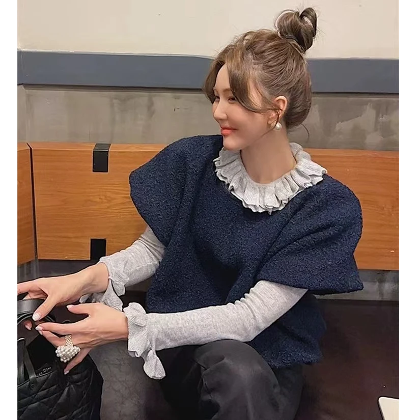 【no退no换 谨慎下单】双层木耳边针织+粗花呢宽松半袖两件套 77591