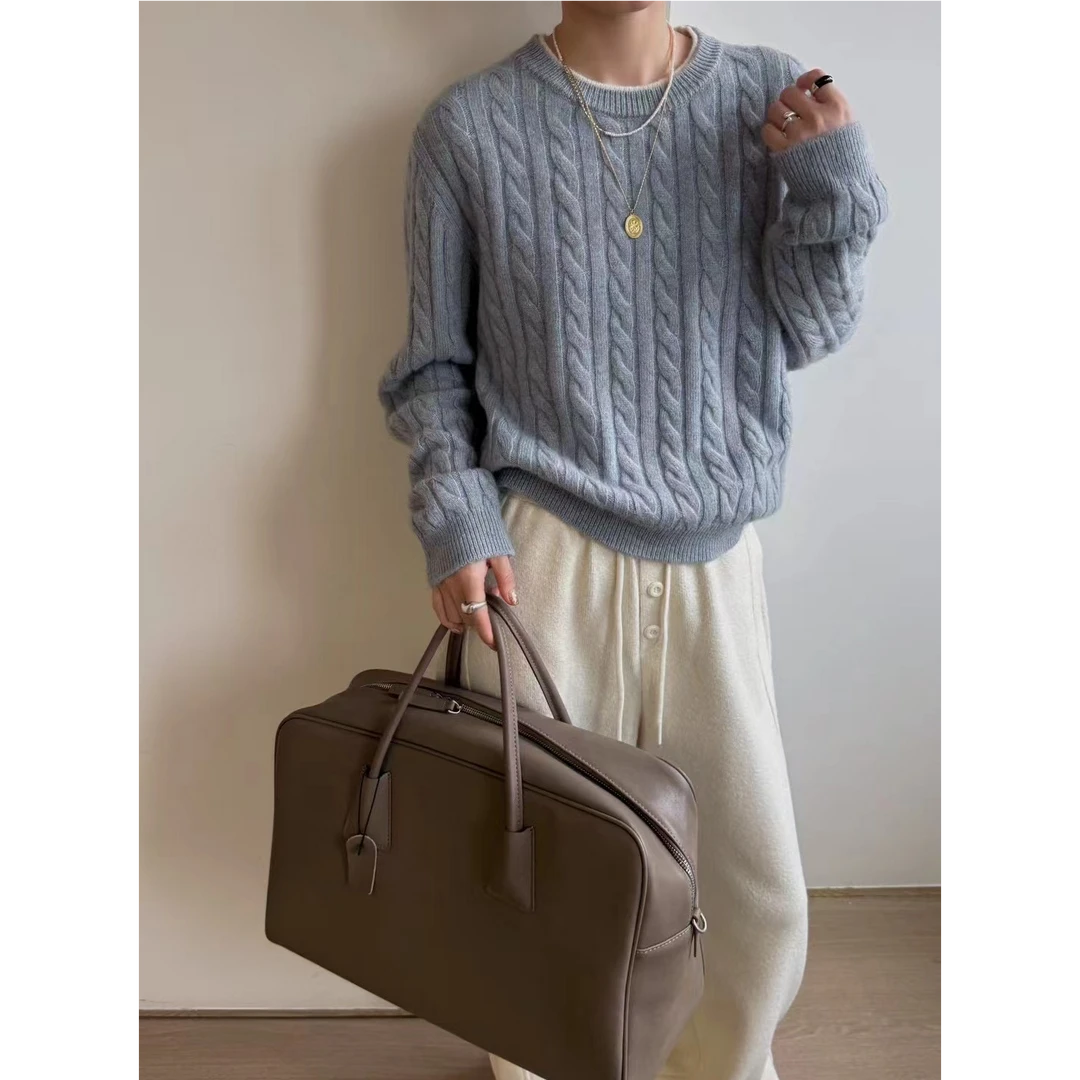 2024秋冬新款简约风麻花编织宽松圆领软糯长袖毛衣上衣 016-6373