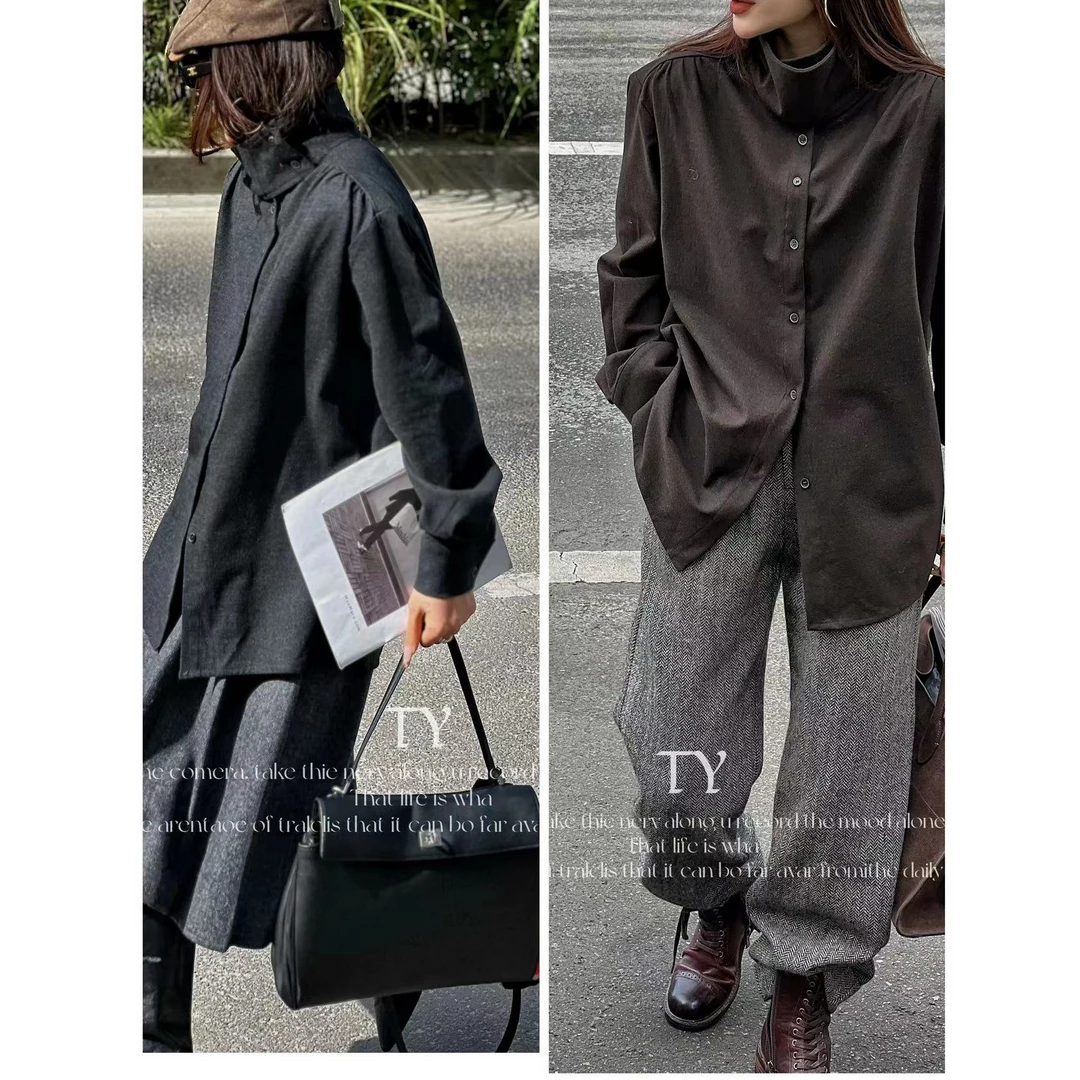 2024秋冬气质立领单排扣褶皱正肩宽松磨毛纯色长袖衬衫 237