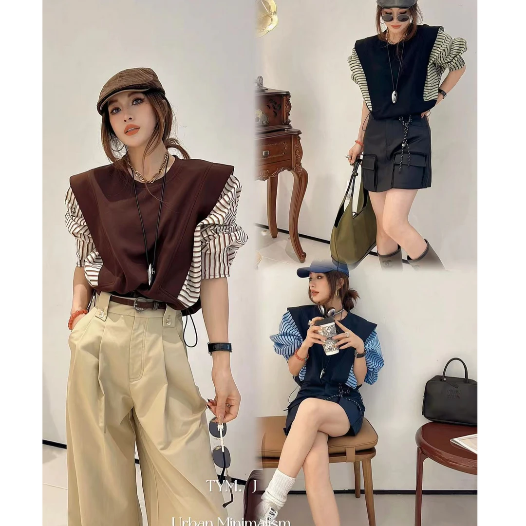 【no退no换 谨慎下单】条纹拼接下摆抽绳T恤  C14801