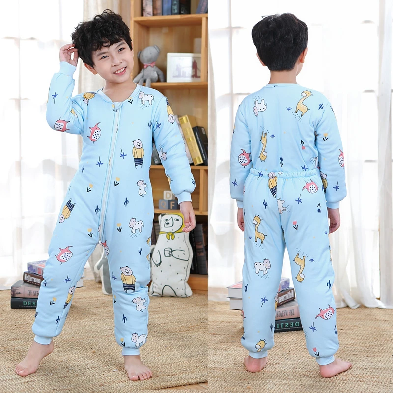 儿童秋冬加厚夹棉长袖男童保暖连体睡衣中大童宝宝连身衣防踢着凉