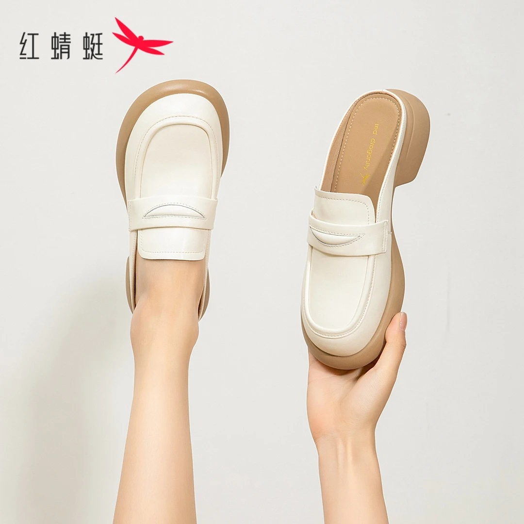 红蜻蜓皮鞋休闲百搭黑色软底春季厚底圆头单鞋薄款日常橡胶底防滑