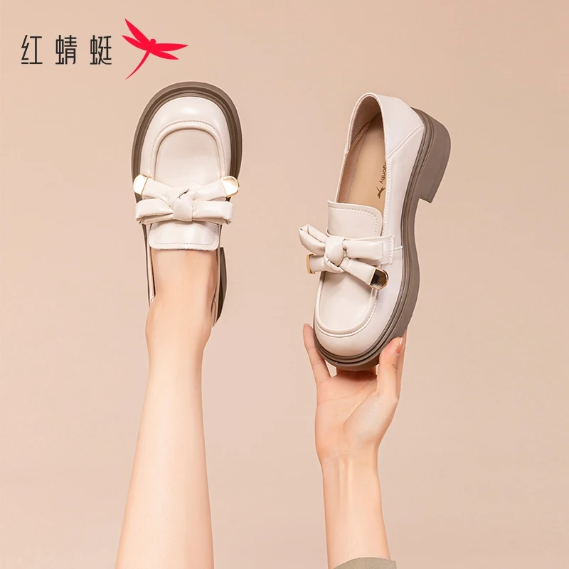 红蜻蜓品牌女鞋春秋休闲软底粗跟厚底小个子显高时尚百搭女乐福鞋