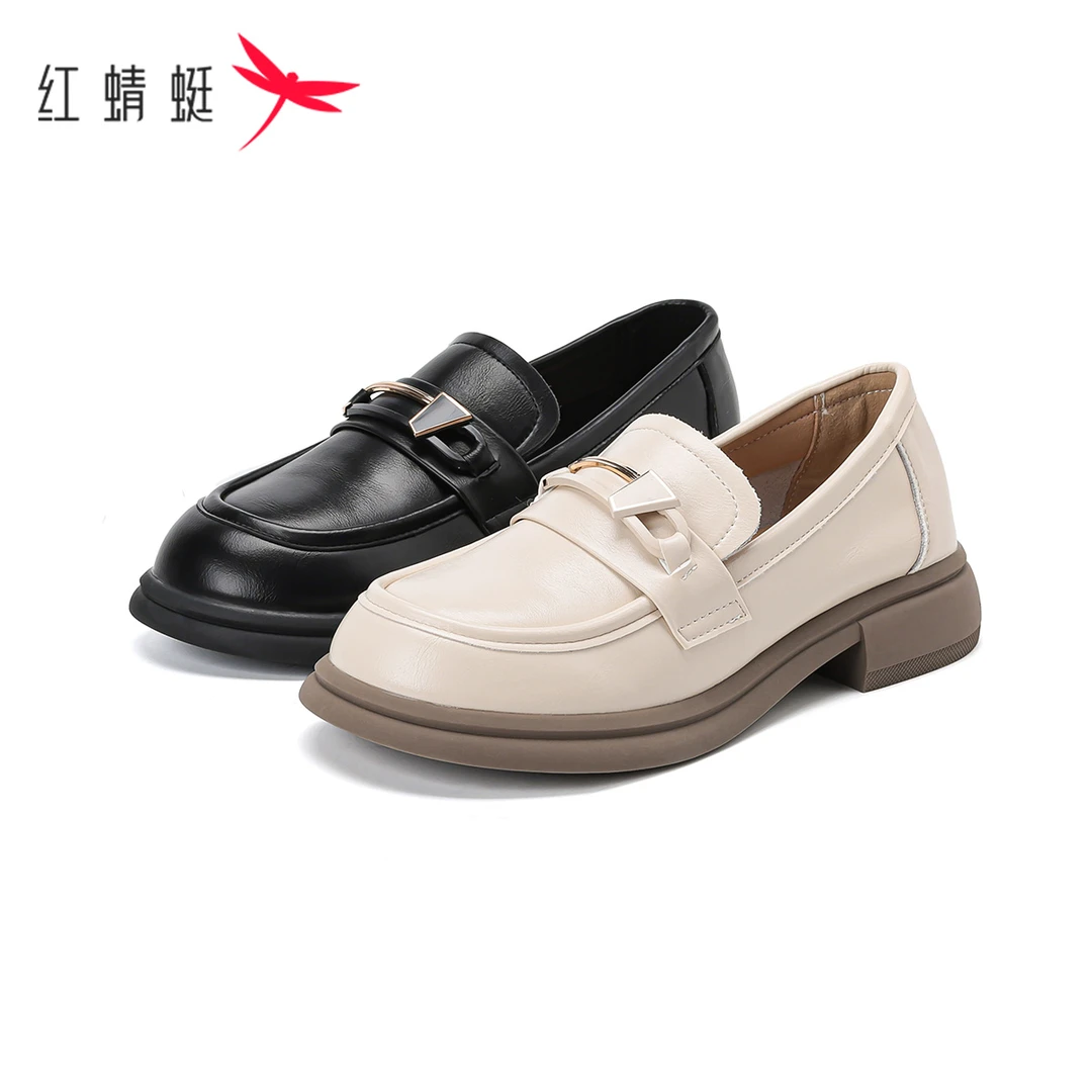 红蜻蜓粗跟单鞋女2023新款夏季百搭女鞋真皮乐福鞋软底中跟高跟鞋