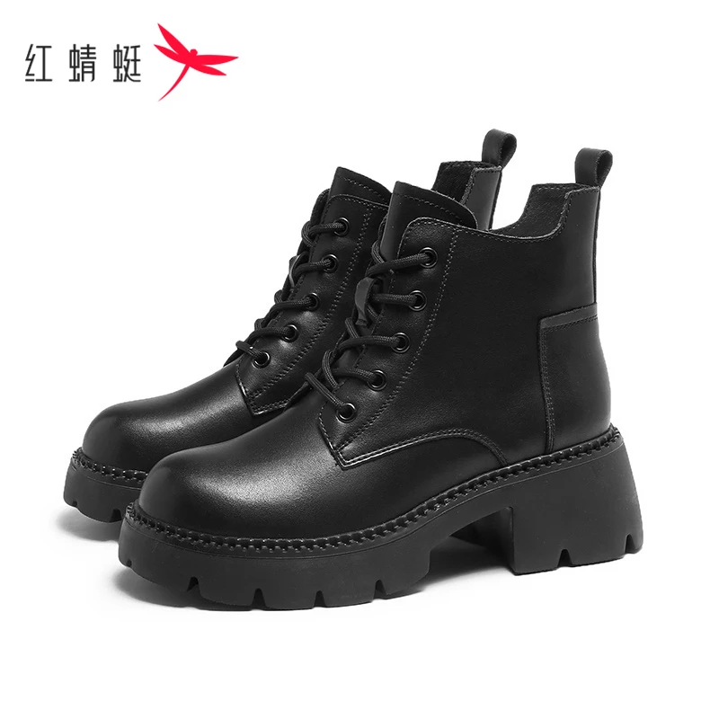 红蜻蜓女式时尚百搭粗跟厚底英伦风秋冬时尚圆头系带中跟马丁靴