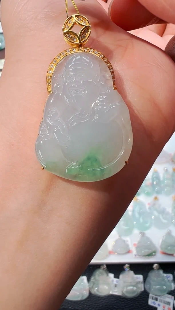 【闪购商品】翡翠吊坠(不含链)18K金镶嵌财神爷吊坠A01