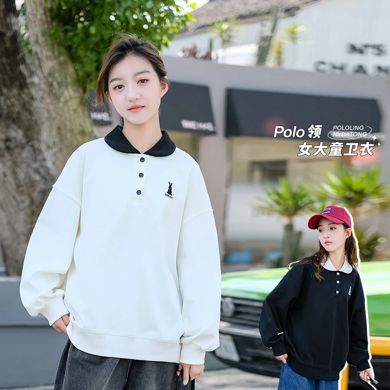 女童卫衣2023新款秋装中大童polo领上衣长袖洋气宽松休闲t恤
