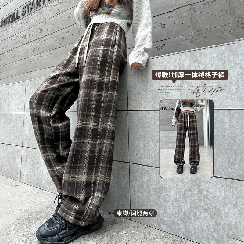 女大童裤子加绒加厚一体绒女童格子裤冬装新款2023宽松阔腿直筒裤