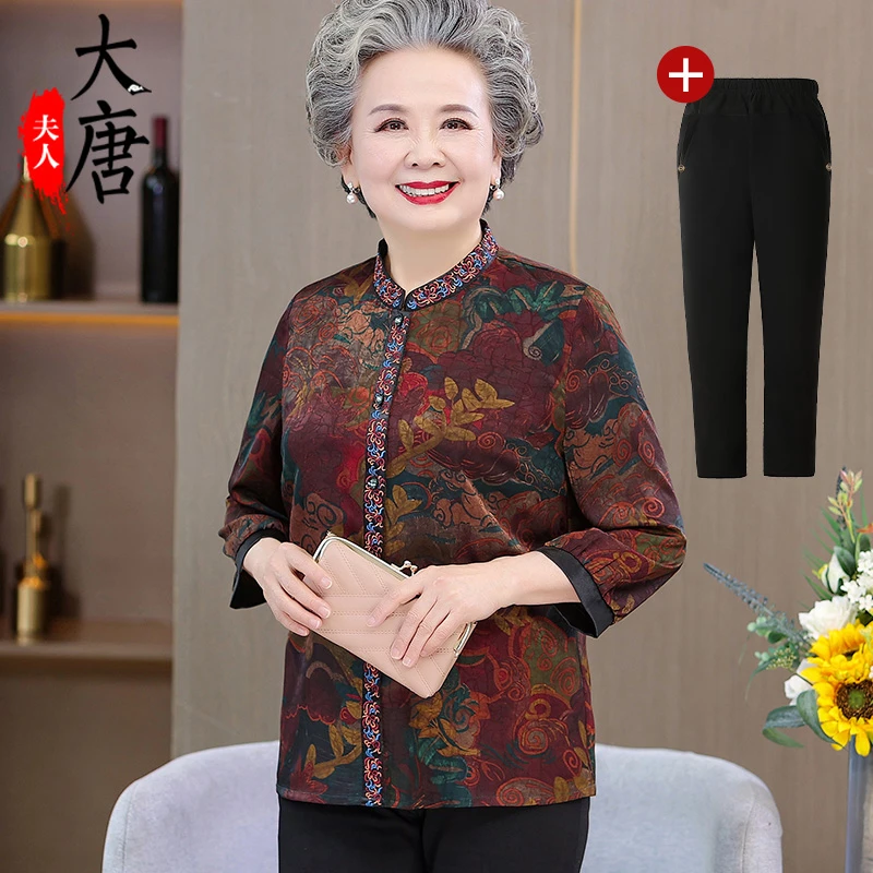 大唐夫人奶奶秋装衬衫女中老年人中袖薄款妈妈绣花衣服70岁80-231