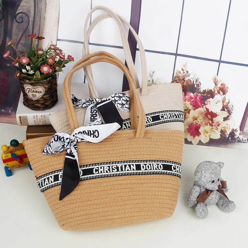 新款棉线编织大容量包包女包时尚托特包加拉链单肩包妈妈包送丝巾