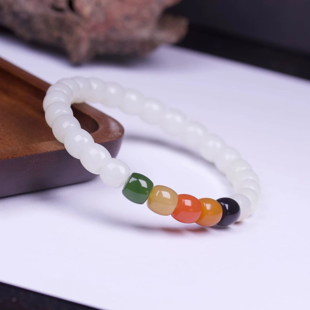 【上品典藏】和田玉手串8mm多宝直切彩虹多巴胺白玉气质轻奢国风