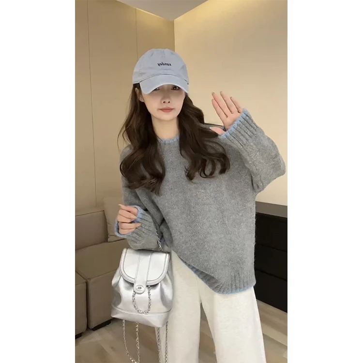 2025韩版新款复古时髦撞色圆领长袖针织毛衣上衣女