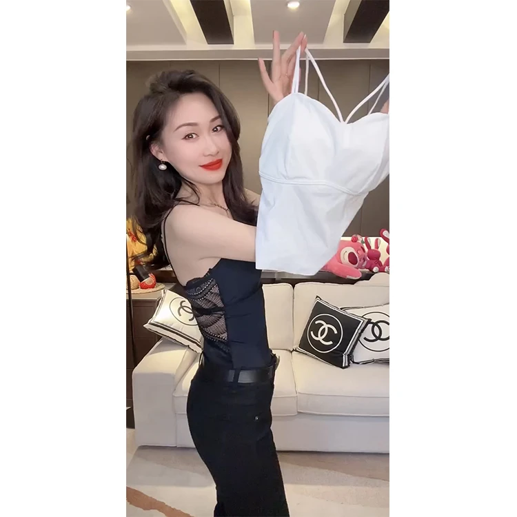 时髦洋气法式百搭新款性感气质女人味蕾丝一体式吊带美背上衣女
