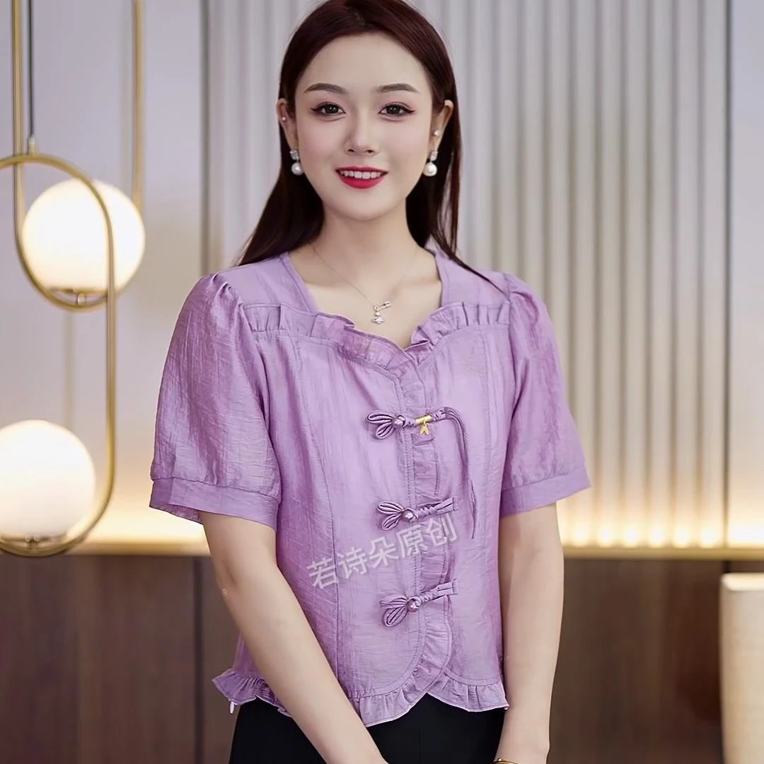 新款夏季套头盘扣修身高级感短袖气质洋气短款国风设计上衣