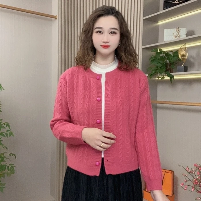 2024秋冬新款女装毛衣针织衫外套百搭宽松设计感麻花针织上衣开衫