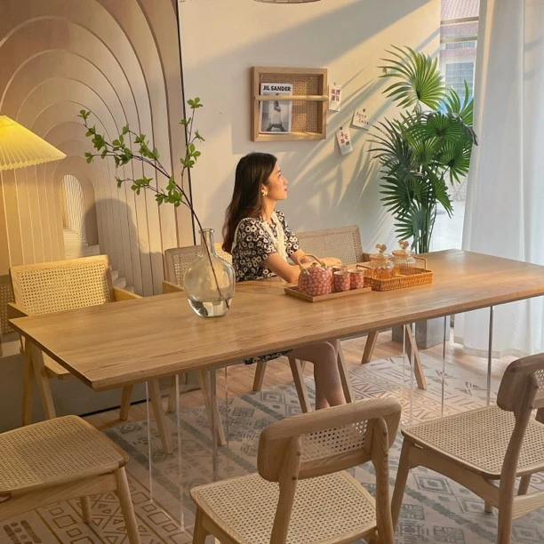 北欧白蜡木长条桌亚克力白蜡木悬浮长桌日式实木餐桌家用办公桌