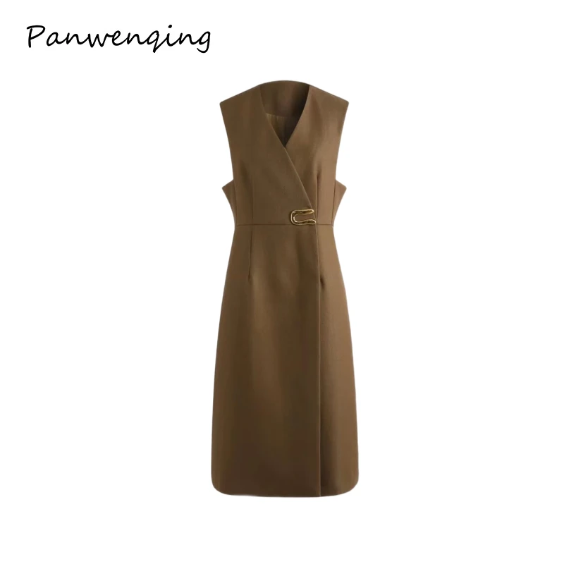 连衣裙女时尚马甲裙U字金属扣修身显瘦无袖设计感气质YZKN-112801