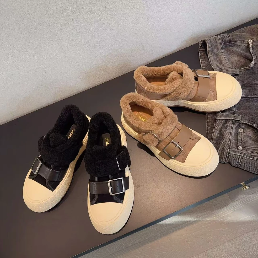 【欧货】秋冬新款百搭羊皮皮带扣加绒板鞋休闲鞋跟高4CM 5919-15