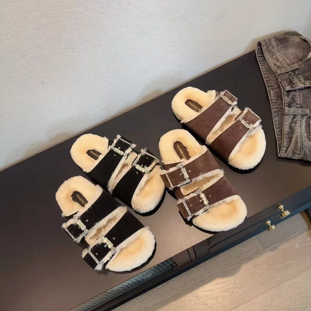 【欧货】皮带扣毛拖外穿毛毛鞋真皮真毛厚底一字拖鞋 5688-17