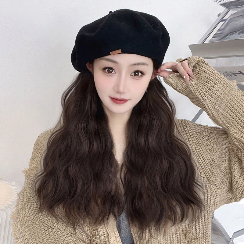 【小巴黎】帽子假发一体贝雷帽女长卷发时尚减龄仿真发假发2023新款