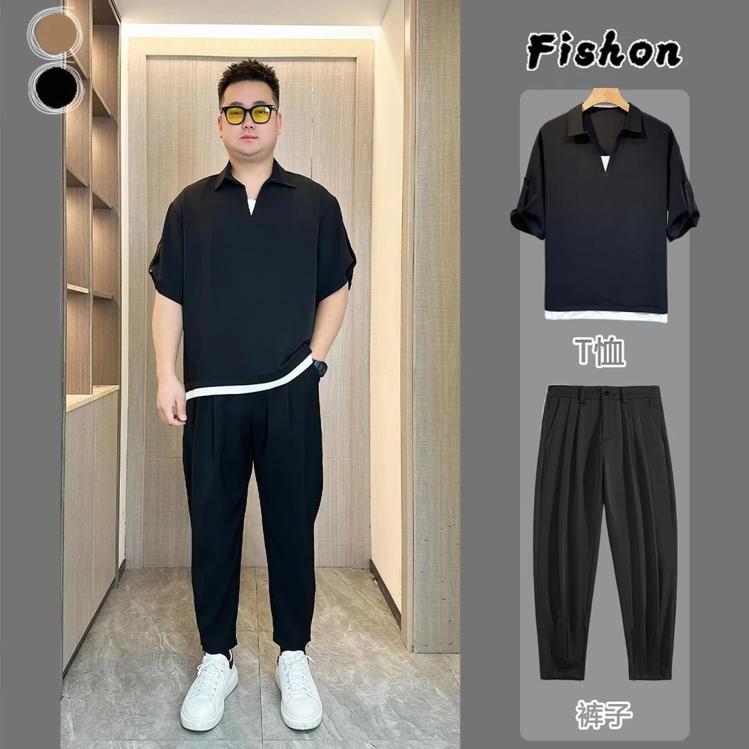 【两件套】夏季男士大码假两件条纹短袖西裤套装胖子男生宽松上衣