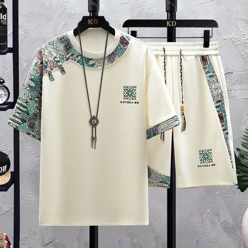 中国风短袖短裤套装男夏季冰丝凉感男士穿搭一整套新中式国潮衣服